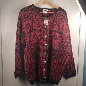 Vintage Tanjay Red and Black Floral Cardigan Sweater Size XL Nwt
